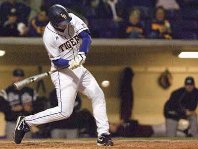 LSU freshman outfielder Alex Edward takes a swing at the ball during the Tigers' 25-8 win Saturday, Feb. 20, 2010, against Centenary at Alex Box Stadium.