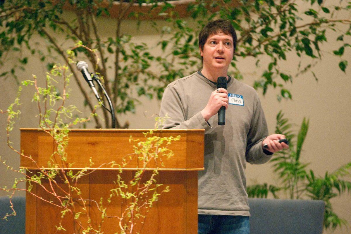 Chris Faulk, doctoral student in biological sciences, gives a presentation Feb. 12 on myths about evolution. Faulk&#8217;s presentation was to celebrate Darwin Day.