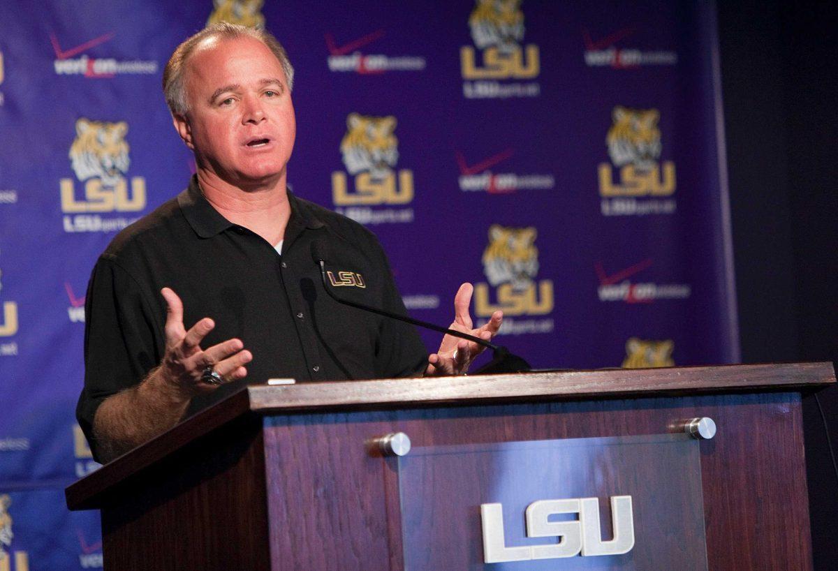 LSU baseball coach Paul Mainieri talks to media during the annual media day.