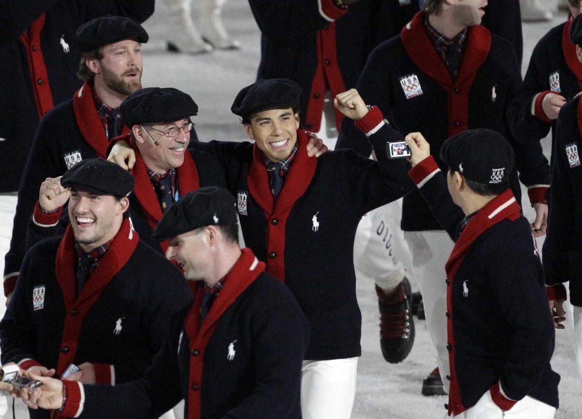 Short track skater Apollo Ono, center, arrives Sunday at the closing ceremony for the 2010 Olympics with other U.S. athletes in Vancouver, British Columbia.