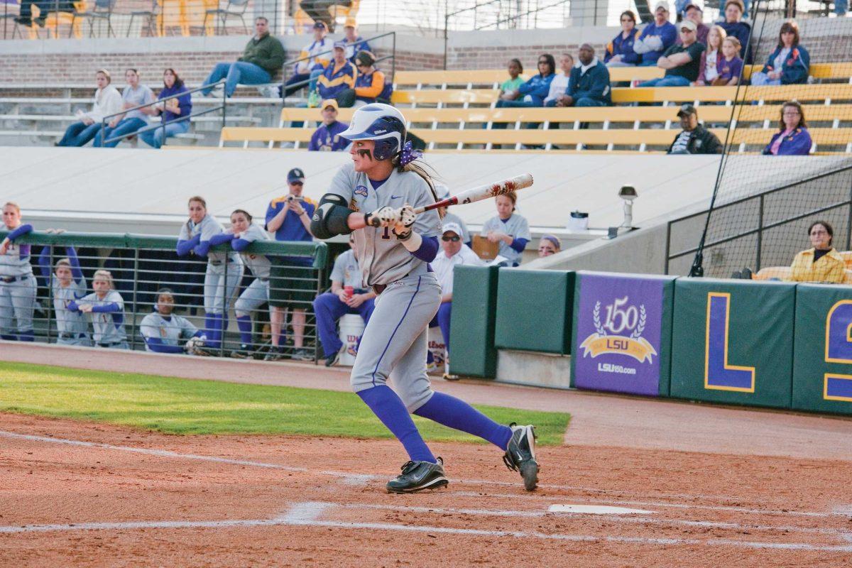 LSU senior pitcher Kirsten Shortridge swings during the Tigers&#8217; 7-0 win against Nicholls State. Shortridge&#8217;s three hits helped LSU extend its winning streak to 22.