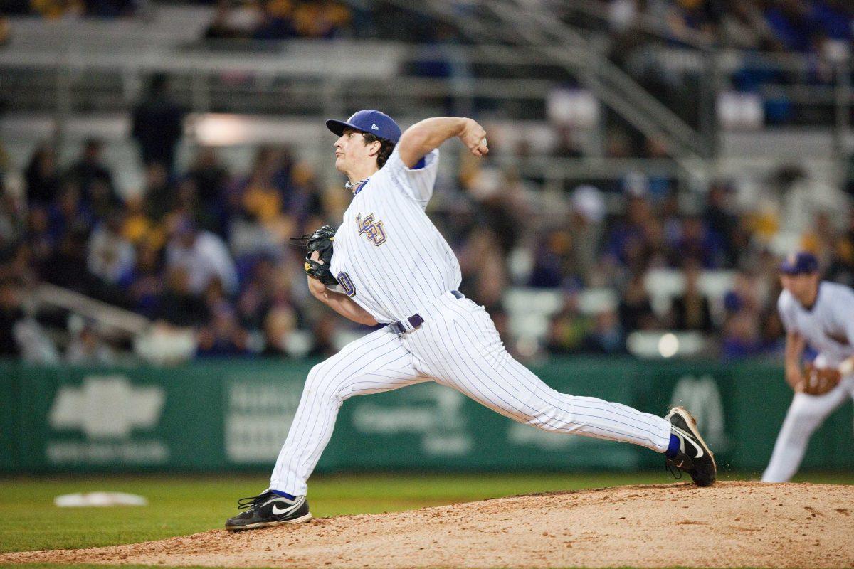 Sophomore pitcher Chris Matulis throws a pitch during the Tigers&#8217; victory against Pepperdine, 8-1, on Thursday night in Alex Box Stadium.