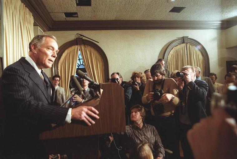 Al Haig, former Secretary of State, speaks to the press about President Ronald Reagan's condition after being shot on March 30, 1981.
 