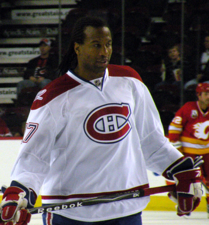 Montreal Canadiens forward Georges Laraque during warm-up prior to a National Hockey League game against the Calgary Flames, in Calgary.
 