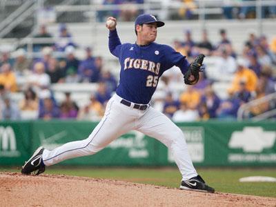 LSU sophomore pitcher Joey Bourgeois steps up during a pitch Feb. 21 during the Tigers&#8217; 4-0 win against Centenary at Alex Box Stadium.