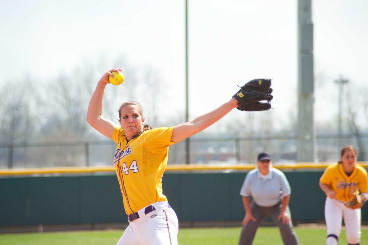 LSU sophomore pitcher Brittany Mack winds up for a pitch Sunday, March 7 in the Tigers&#8217; 9-2 win against Syracuse in Tiger Park.