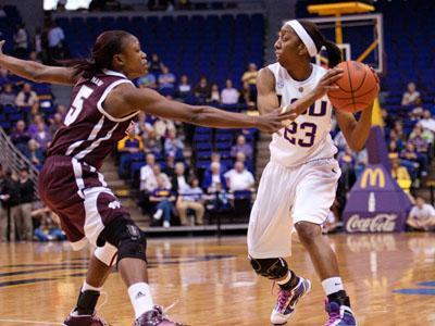 Senior guard Allison Hightower looks for an open player during the Feb. 28 win against Mississippi State. The Tigers won 76-47. LSU will face Hartford on Saturday.