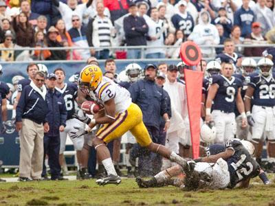 LSU freshman wide receiver Rueben Randle bobbles the ball.