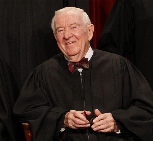 In this Sept. 29, 2009 photo, Associate Justice&#160;John&#160;Paul&#160;Stevens sits for a group photograph at the Supreme Court in Washington. Stevens, the court's oldest member and leader of its liberal bloc, announced Friday, April 9, 2010 he is retiring, saying he will step down when the court finishes its work for the summer in late June or early July.