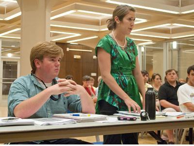 SG President-elect J Hudson, left, and Vice President-elect Dani Borel, right, argue before the Trial Court for the instatement of StudentsFIRST candidates who were disqualified by a clerical error.