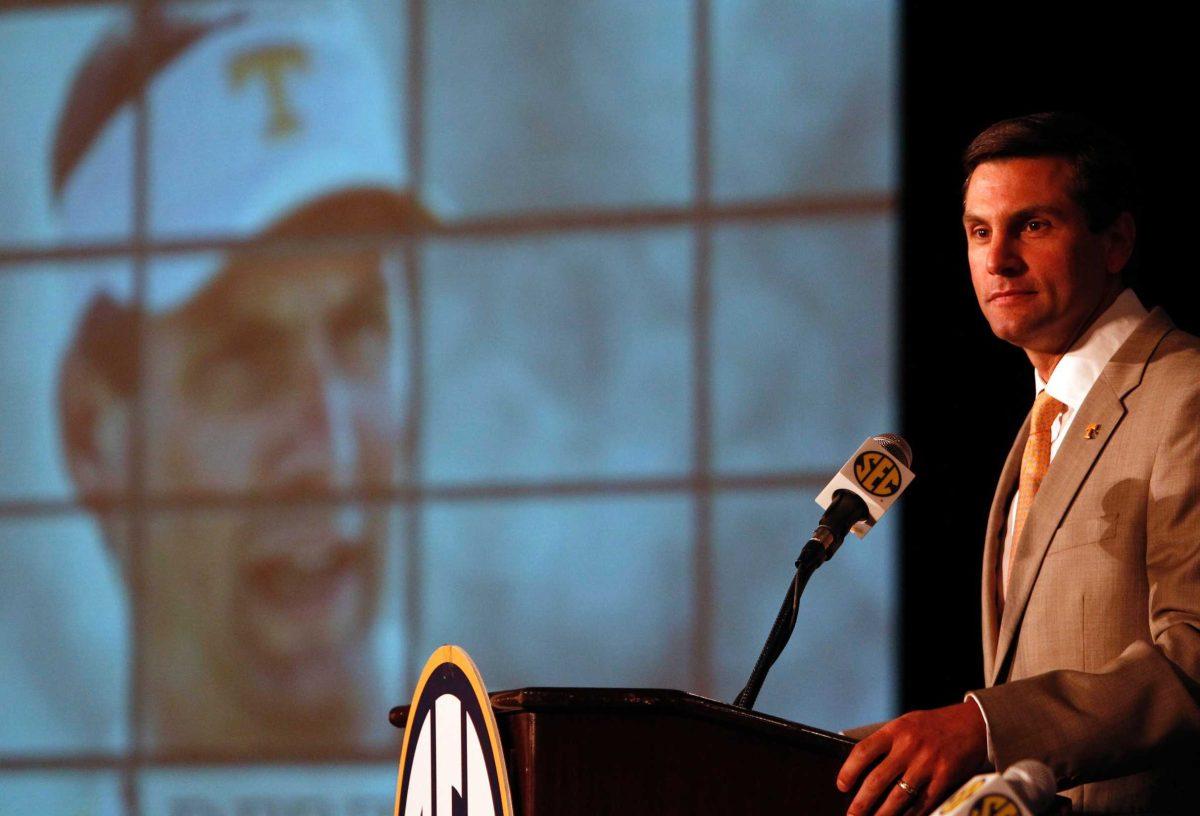 Tennessee head coach Derek Dooley talks to the media Friday during the Southeastern Conference Media Days in Hoover, Ala. Dooley was hired in January as head coach at the University of Tennessee. He had been head coach at Louisiana Tech since 2006.