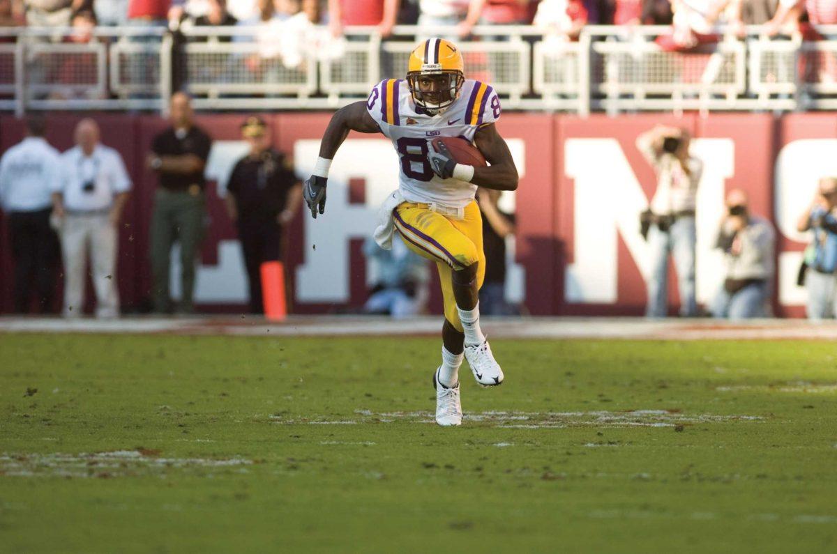 LSU receiver Terrence Toliver runs the ball downfield during the Tigers&#8217; 24-15 loss on Nov. 2, 2009. He has more experience than other returning receivers combined.