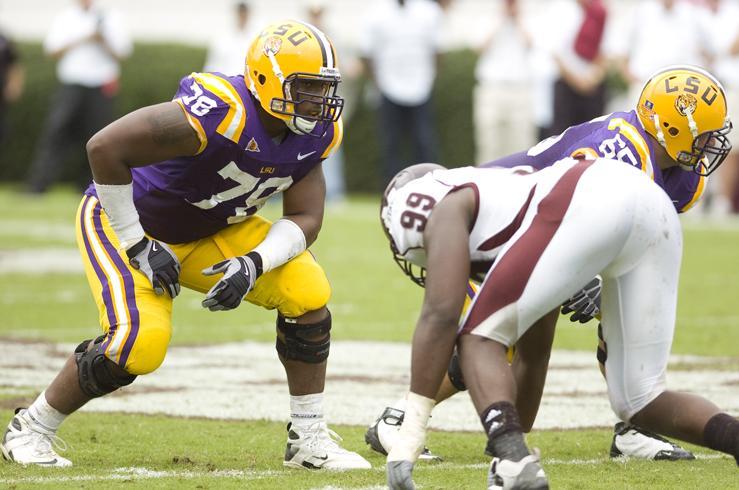 LSU tackle Joseph Barksdale, left, lines up against Mississippi State defensive lineman Sean Ferguson on Sept. 26, 2009 in Davis Wade Stadium in Starkville, Miss. Barksdale will switch from right to left tackle this season.