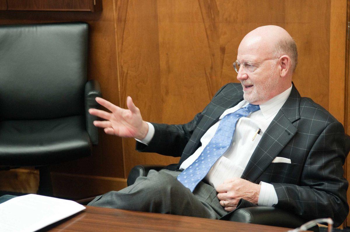 Jack Hamilton, provost and executive vice chancellor and former dean of the Manship School, discusses budget planning Aug. 18 in a press conference.