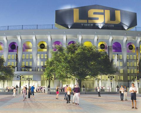 photo courtesy of LSU SPORTS INFORMATION A rendering of Tiger Stadium shows purple and gold accent lighting in the stadium&#8217;s archways, giving its new windows a bright glow.