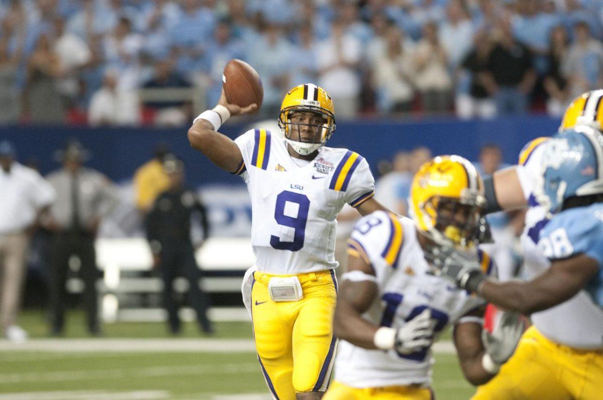 LSU junior quarterback Jordan Jefferson throws a pass Saturday in the Tigers&#8217; game against North Carolina. Jefferson has tried to limit his time in the huddle this season.