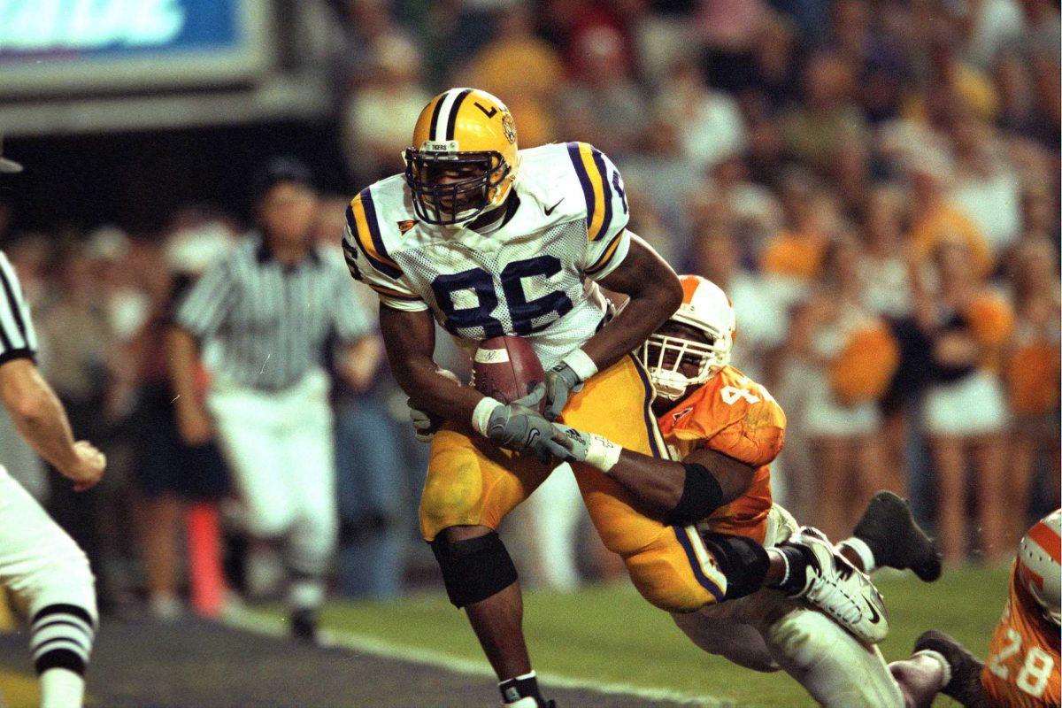 Former LSU tight end Robert Royal hauls in the go-ahead 25-yard touchdown pass Sept. 30, 2000, in overtime during LSU&#8217;s 38-31 win against Tennessee. The game began a decade of crowning achievements for the Tigers.