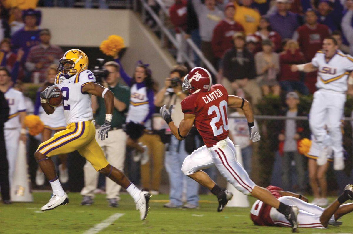 Former LSU wide receiver Demetrius Byrd breaks away from Alabama defensive back Marcus Carter on Nov. 3, 2007, during the Tigers&#8217; 41-34 win in Tuscaloosa, Ala.