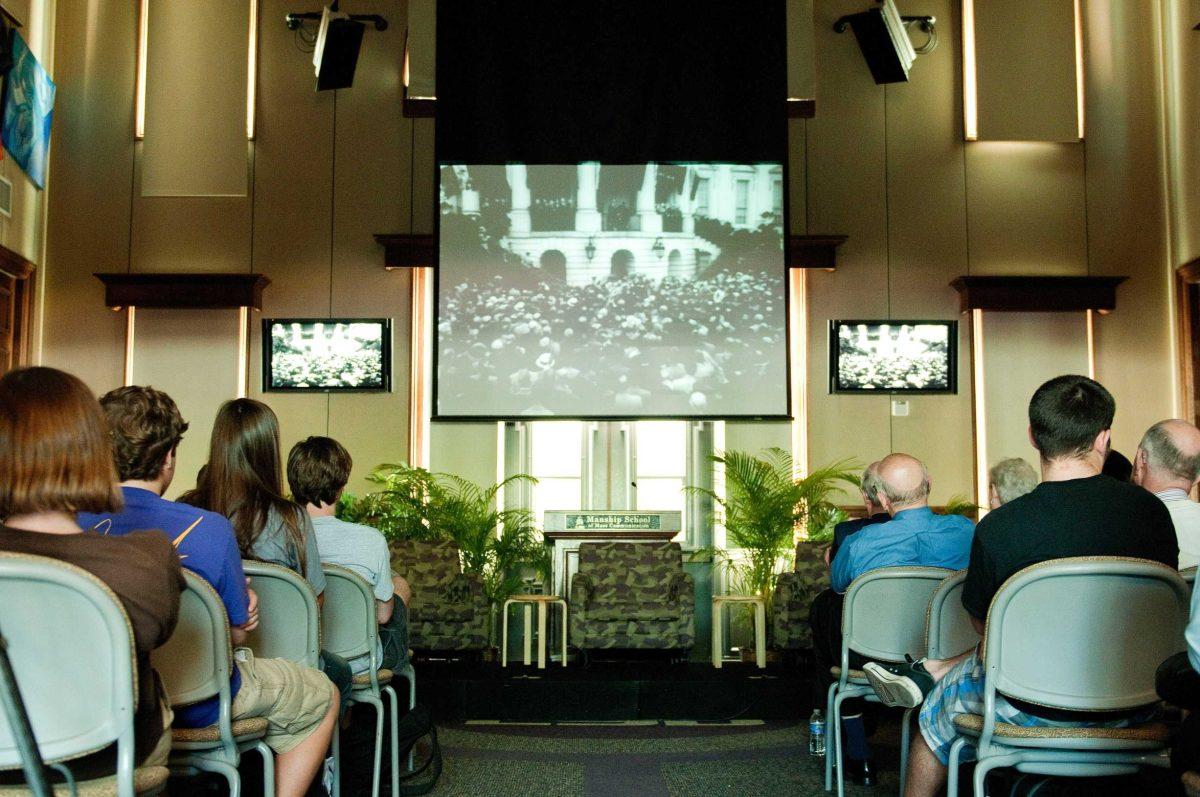 An audience watches a screening of the film &#8220;Hubert H. Humphrey