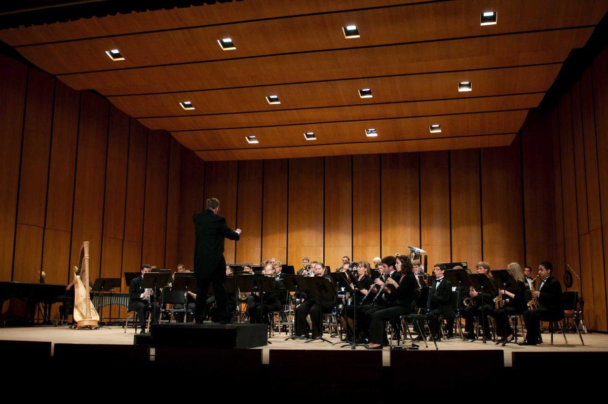 The LSU Wind Ensemble plays a piece Wednesday night during the ensemble&#8217;s concert directed by a guest conductor at the newly opened Union Theatre.