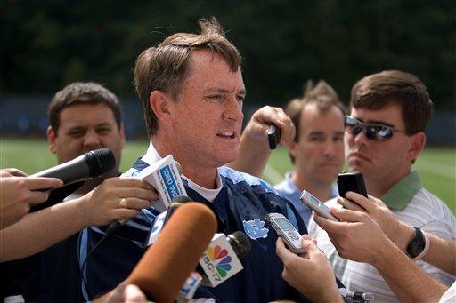 North Carolina football Butch Davis fields questions from reporters before practice Thursday, Sept. 2, 2010, at Navy Field in Chapel Hill, N.C.