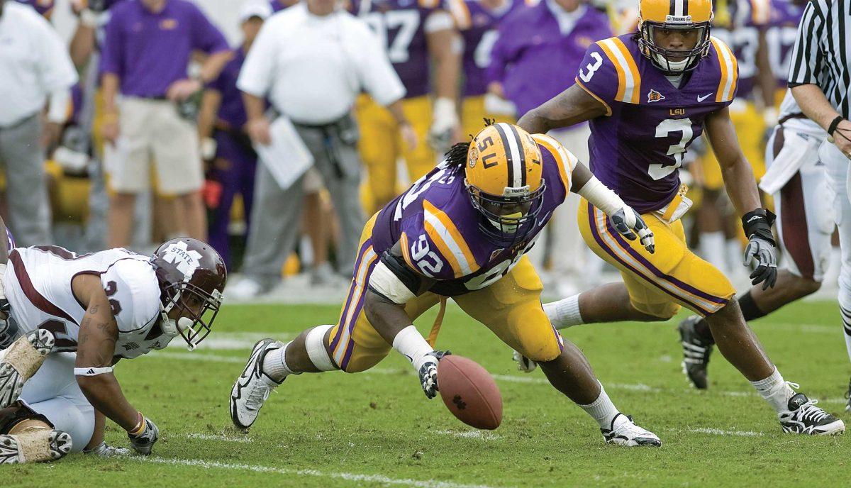 LSU senior defensive tackle Drake Nevis recovers a fumble from Mississippi State on Sept. 26, 2009, during the Tigers&#8217; 30-26 win in Davis Wade Stadium in Starkville, Miss.