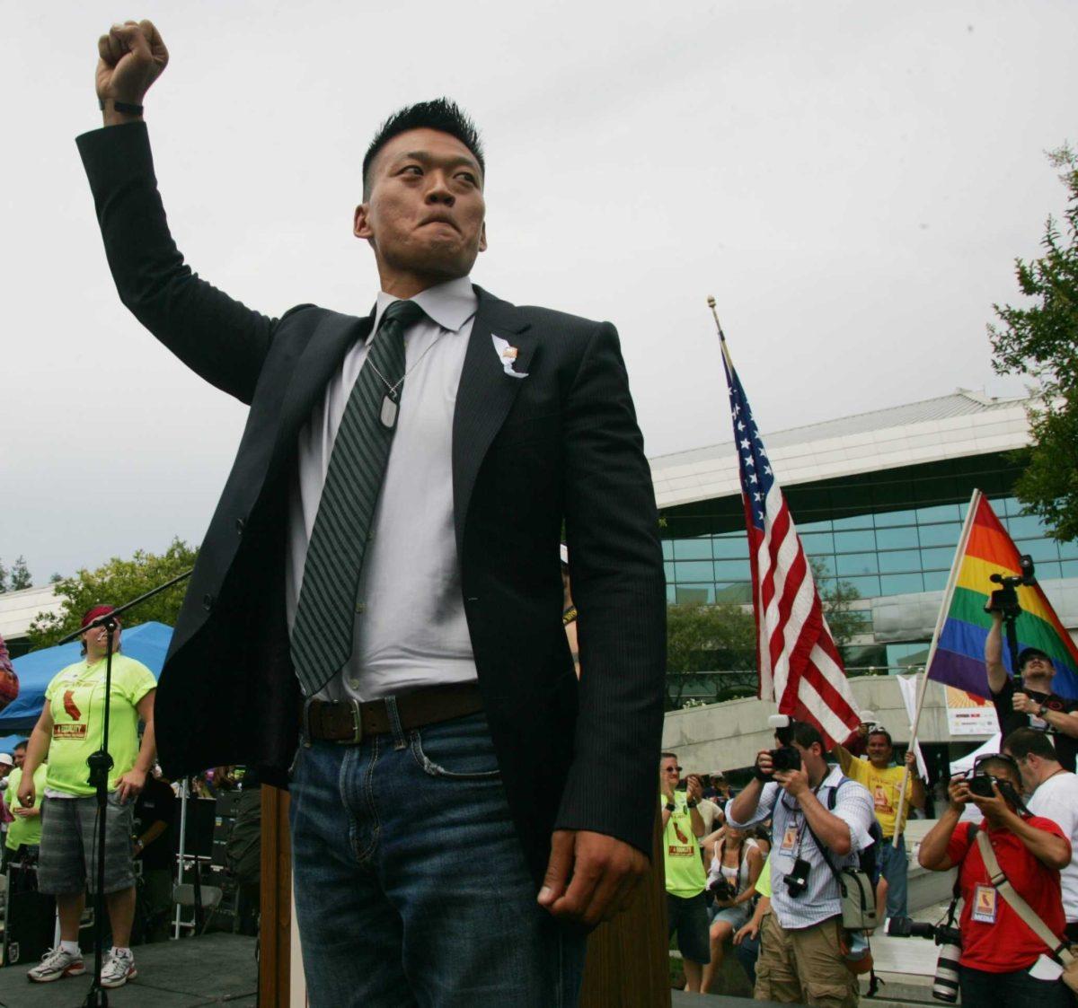 In this May 30, 2009 file photo, former Lt. Dan Choi, an Iraq combat veteran who was discharged under the U.S. military's "don't ask, don't tell" policy, appears at an equality rally in Fresno, Calif.