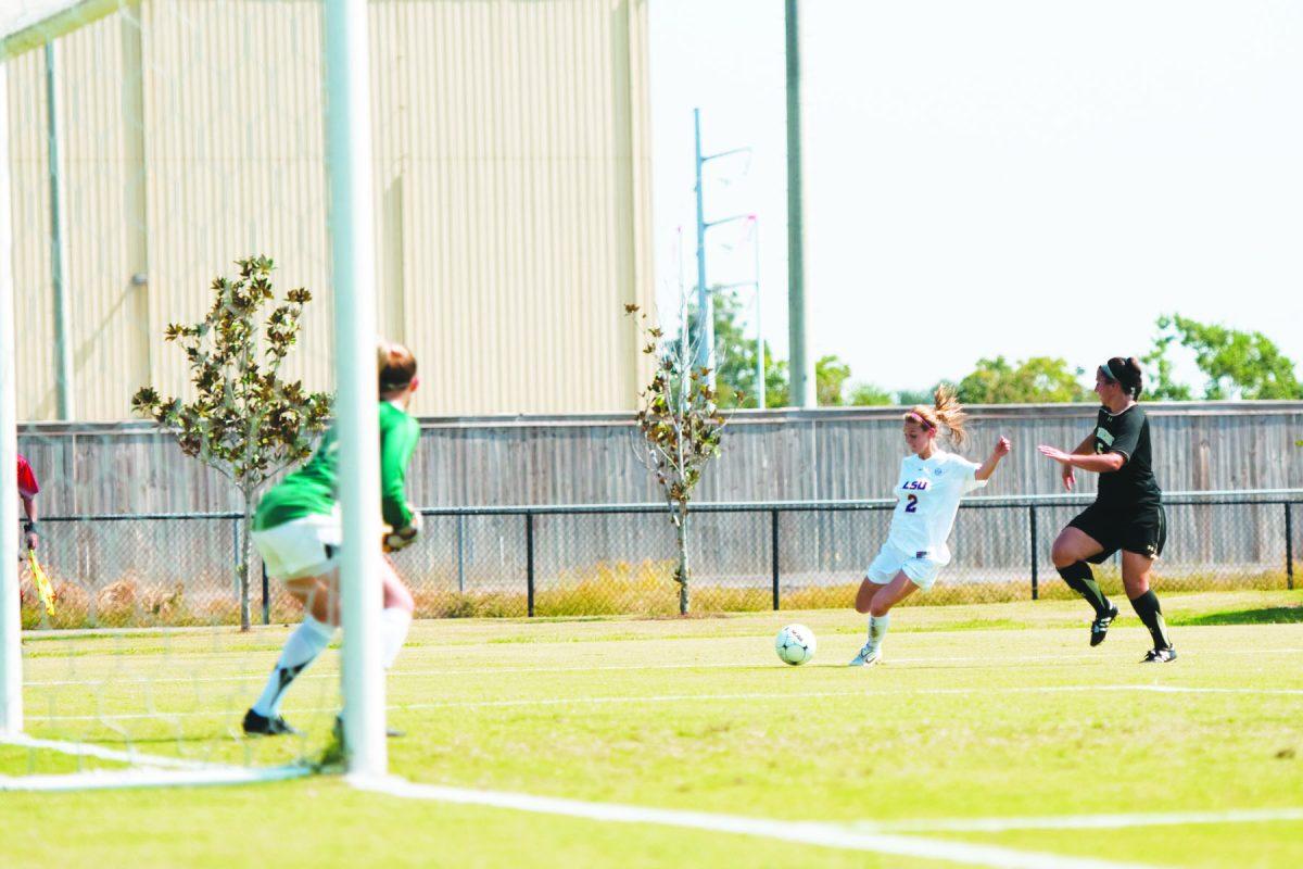 LSU freshman Addie Eggleston (2) attempts a shot Sunday during the Tigers&#8217; game against Vanderbilt. The Tigers lost, 1-0.