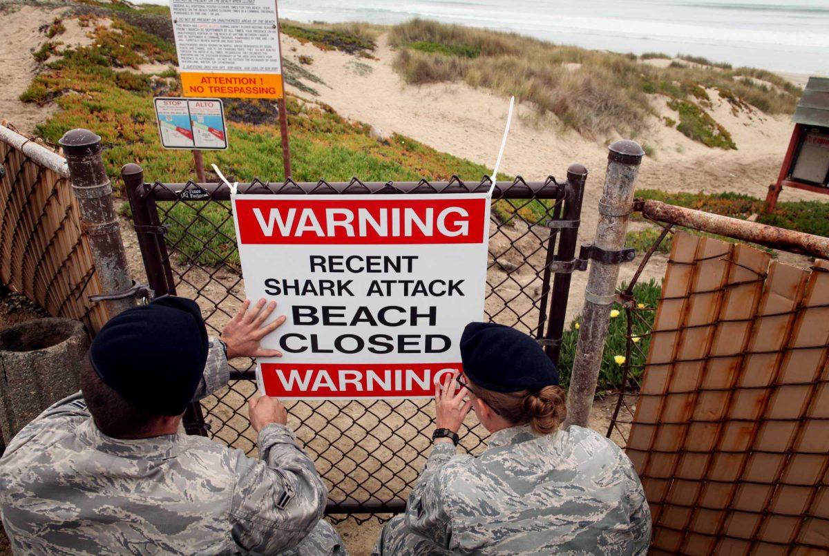 Airmen 1st class Daniel Clark, left, and Staff Sgt. Keri Embry, post a sign warning surfers of a recent shark attack Friday, Oct. 22, 2010, at Vandenburg Air Force Base, Calif. Lucas Ransom, 19, was boogie-boarding in the surf line about 100 yards off of Surf Beach with a friend when a shark suddenly pulled him under the water shortly before 9 a.m., according to a statement from the Santa Barbara County Sheriff's Department.