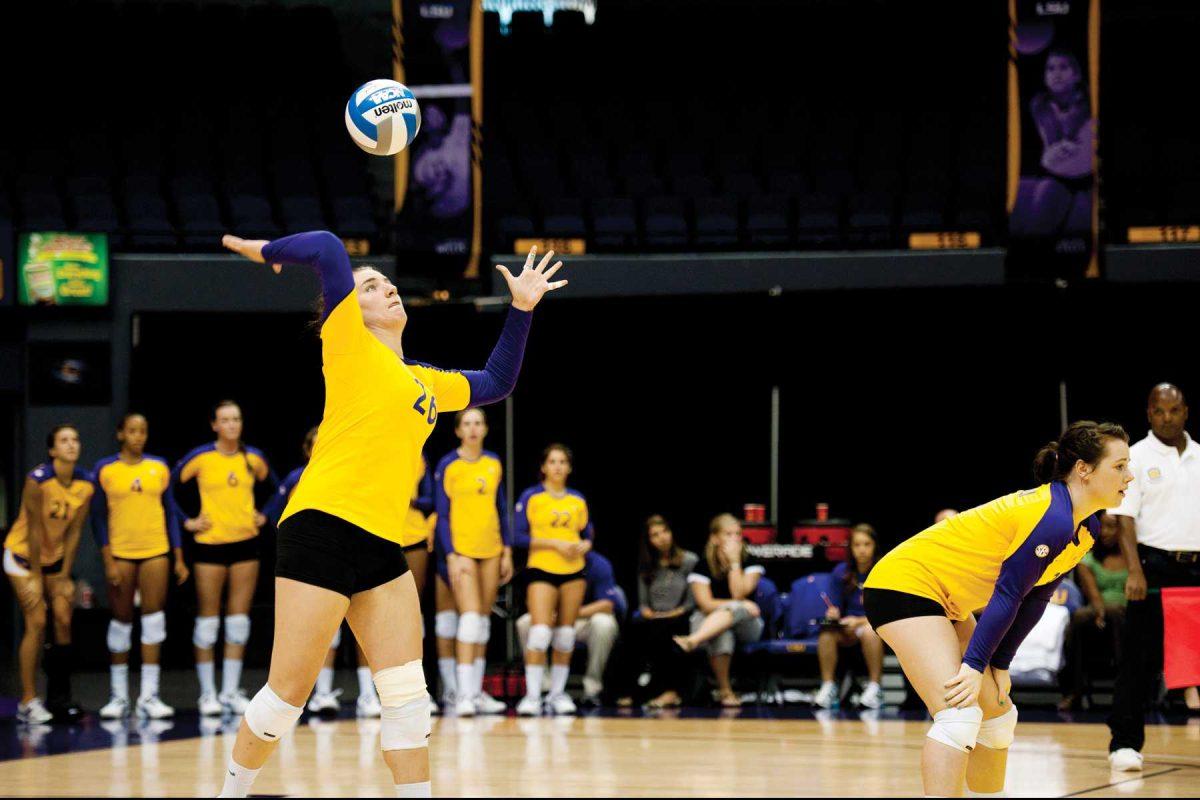 LSU defensive specialist sophomore Meghan Mannari (26) serves the ball Sept. 10 during the Lady Tigers&#8217; 3-0 victory against North Carolina.