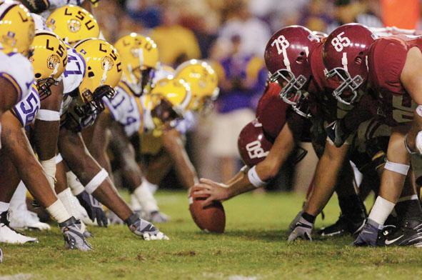 LSU&#8217;s defense takes its place on the line of scrimmage Nov. 8, 2008, during the Tigers&#8217; game against Alabama. LSU faces the Crimson Tide on Nov. 6 at 2