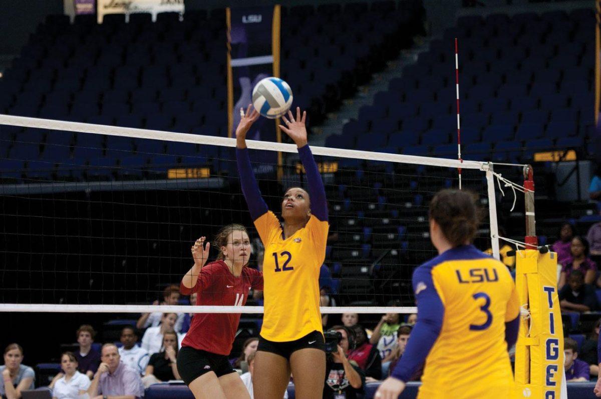 LSU senior setter Brittney Johnson sets the ball Oct. 13 during the Tigers&#8217; 3-1 win against Arkansas. The Tigers will face Mississippi State and Alabama this weekend.