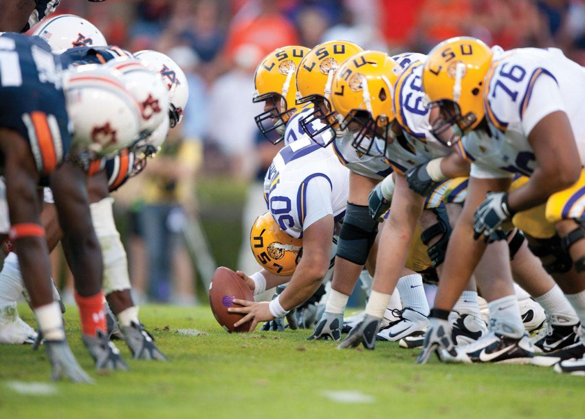 The LSU offensive line faces off against the Auburn defense Oct. 23 during the Tigers&#8217; 17-24 loss. Starting guard Will Blackwell might return to the offensive line Saturday.