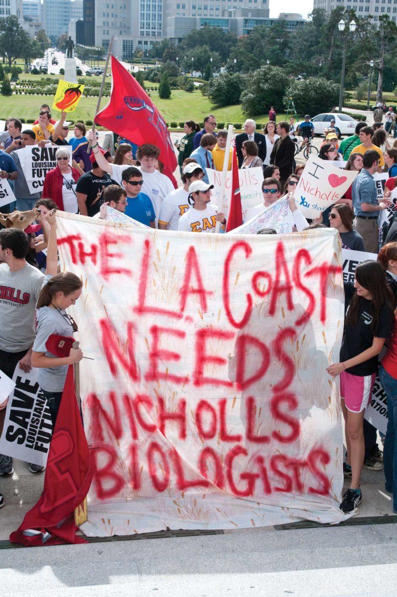 Nicholls State University students protest Wednesday during the Rally for Higher Education at the State Capitol. NSU recently began its own protest campaign.