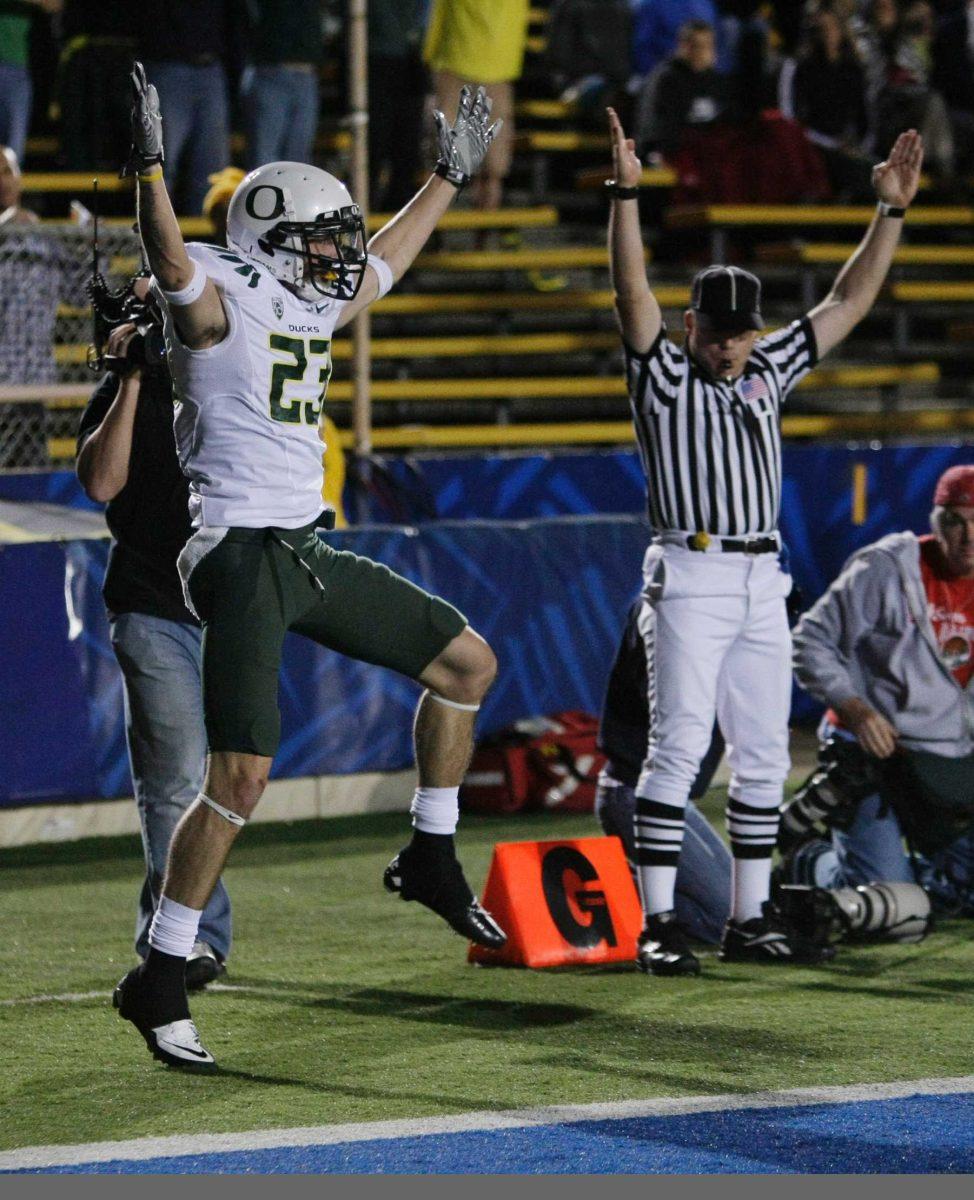 Oregon wide receiver Jeff Maehl (23) celebrates after scoring against California on Saturday&#8217;s win in the Duck&#8217;s 15-13 win in Memorial Stadium in Berkeley, Calif.