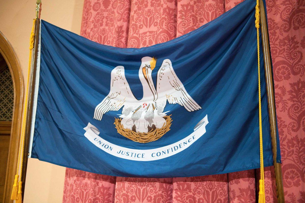 Former Secretary of State Jay Dardenne unveiled the new state flag as his last act as secretary of state November 22, 2010.