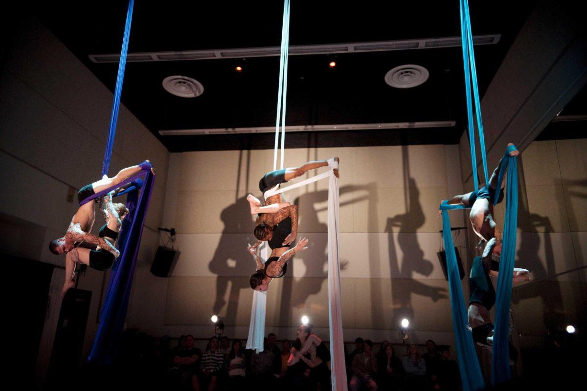 Silkists perform in &#8220;In Between,&#8221; the first silk climbing performance put on by the Theatre Department, on Tuesday in the Music and Dramatic Arts Building.