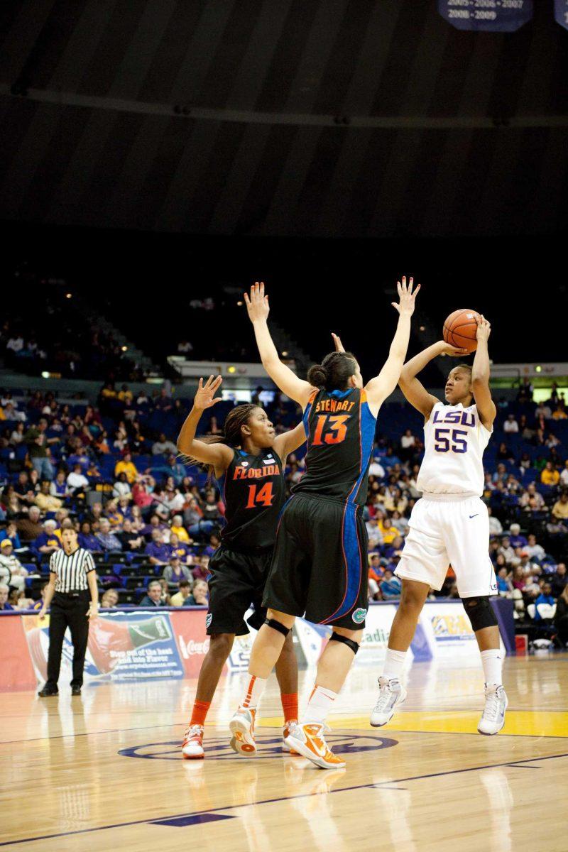 LSU junior forward LaSondra Barrett (55) attempts a jump shot during the Lady Tigers&#8217; 72-58 win against Florida on Sunday in the PMAC.