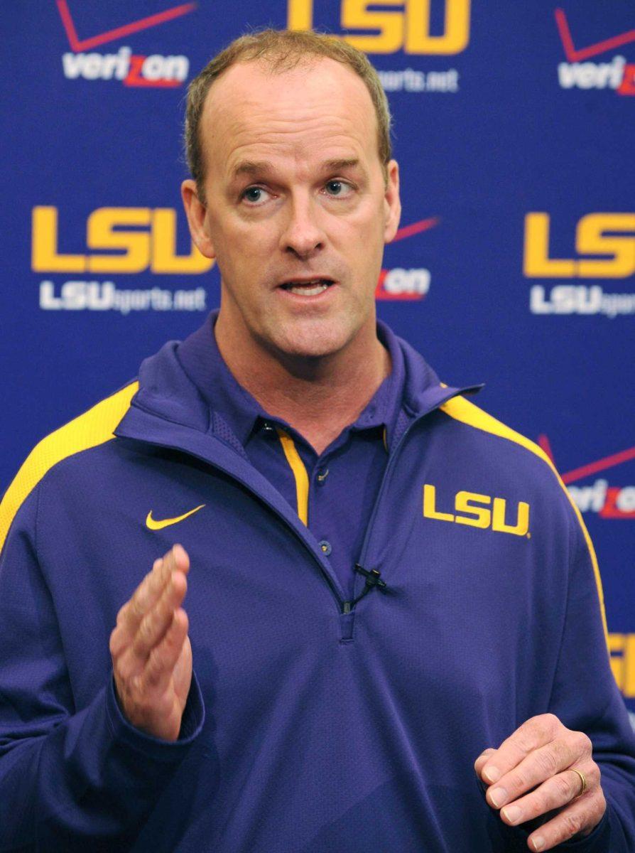 Steve Kragthorpe, who was hired recently as LSU football offensive coordinator, speaks with reporters Monday.