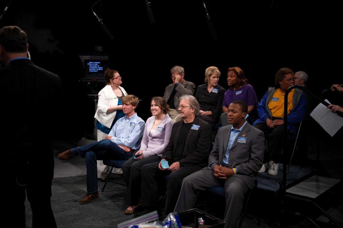 Student Government Vice President Dani Borel, center, prepares to be filmed Tuesday for Louisiana Public Square on the Louisiana Public Broadcasting channel.