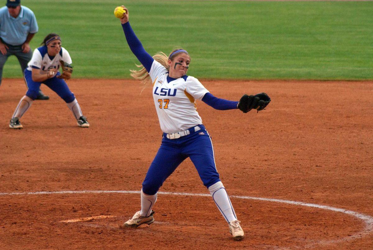 LSU sophomore pitcher Rachele Fico throws a pitch April 17 during the Tigers&#8217; 3-2 victory against Arkansas. The Tigers were last on the SEC&#8217;s preseason picks.