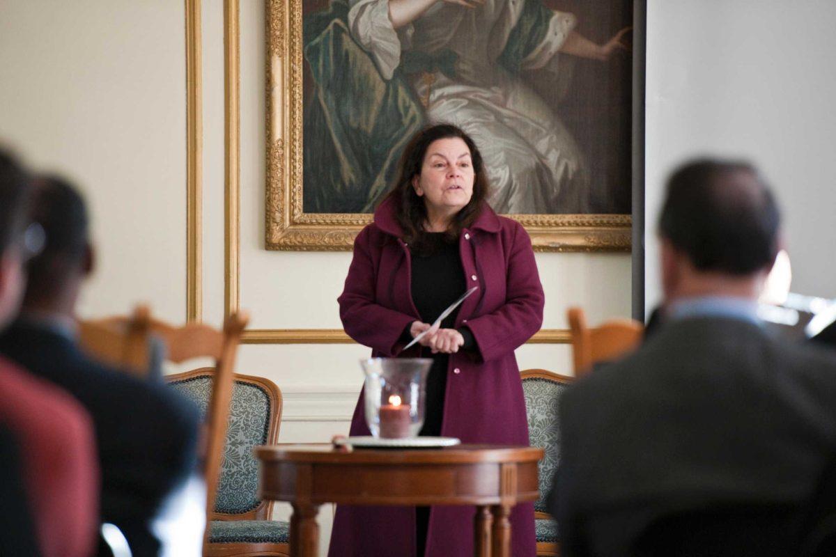 Adelaide Russo, French studies professor, speaks Saturday at the memorial service for retired French professor Adelaide Frazier at the French House.