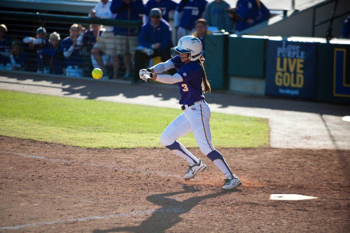 <p>LSU freshman center fielder Simone Heyward bunts for a base hit Friday during the Tigers’ 9-1 victory against Louisiana Tech. Heyward earned MVP honors this weekend.</p>