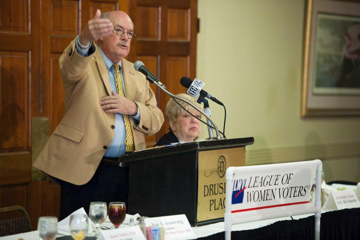 LSU Chancellor Michael Martin takes part in a panel discussion supporting budget autonomy Friday at a luncheon for the League of Women Voters.