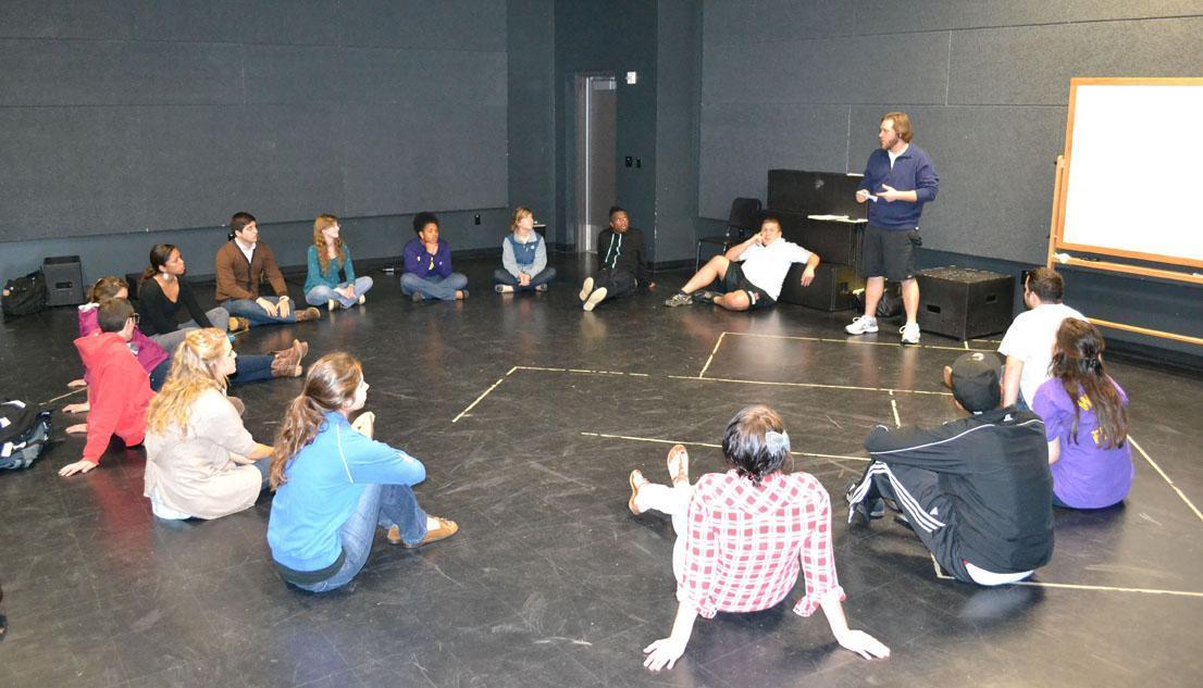 University graduate assistant Nick Rhoton teaches an introduction to acting class Feb.1 in the Music and Dramatic Arts Building.