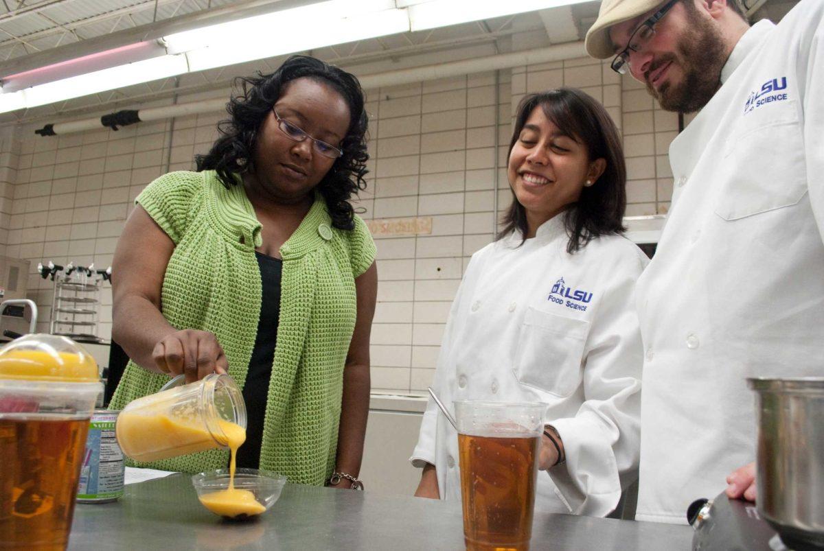 [From left to right] Graduate students Alisa Todd, Adriana Soto and Darryl Holliday create bubble tea for the Institute of Food Technologists Heart Healthy Product Development Competition.