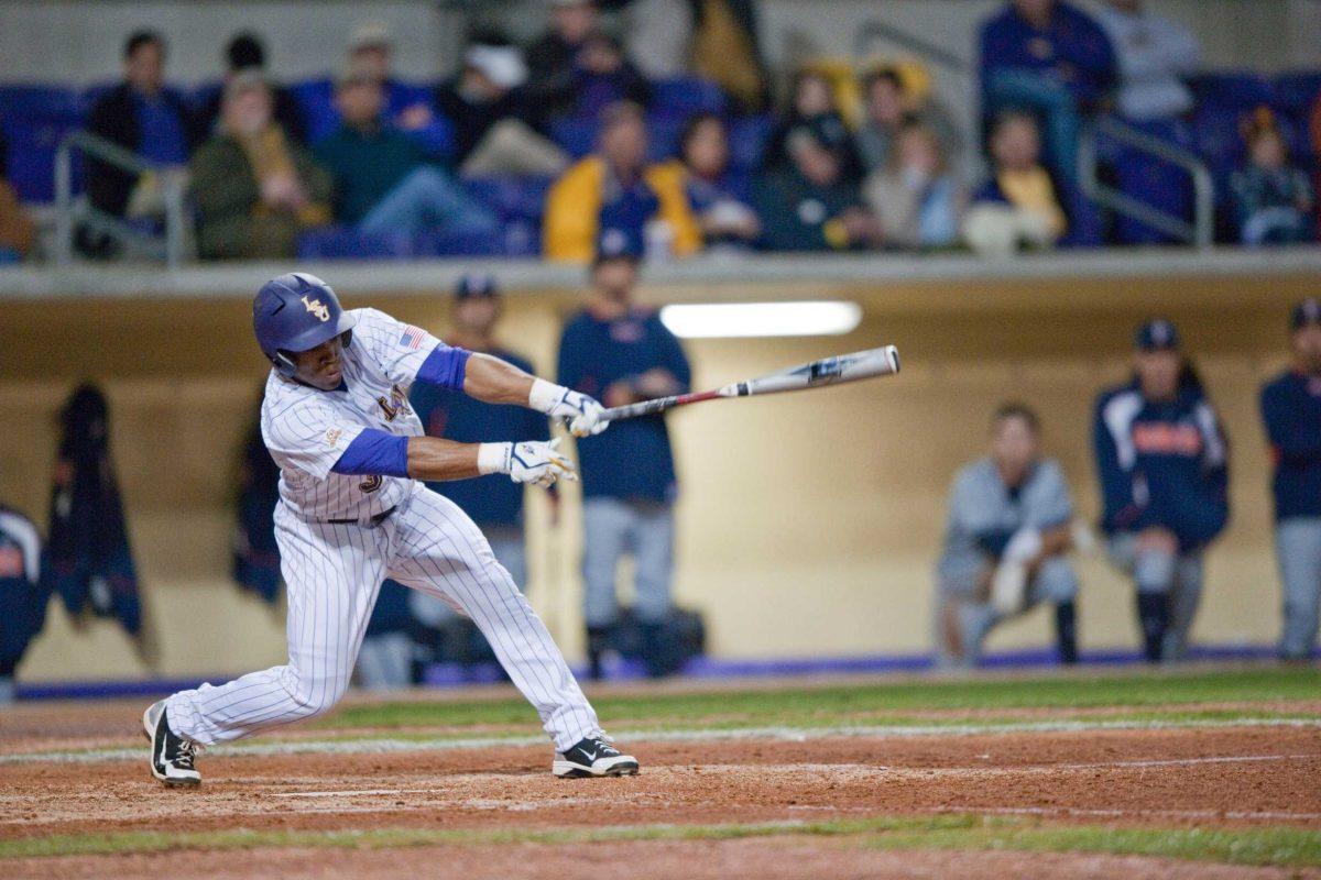 LSU junior outfielder Trey Watkins takes a swing during the Tigers&#8217; 8-1 win against Pepperdine on March 4.