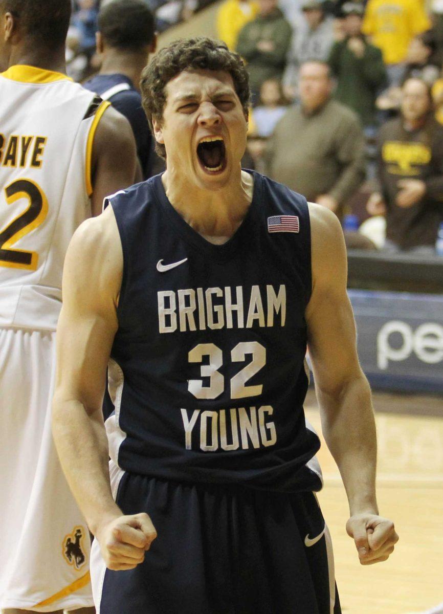 BYU guard Jimmer Fredette reacts after drawing a foul for a 3-point play during a game against Wyoming on Feb. 2. BYU won 69-62.