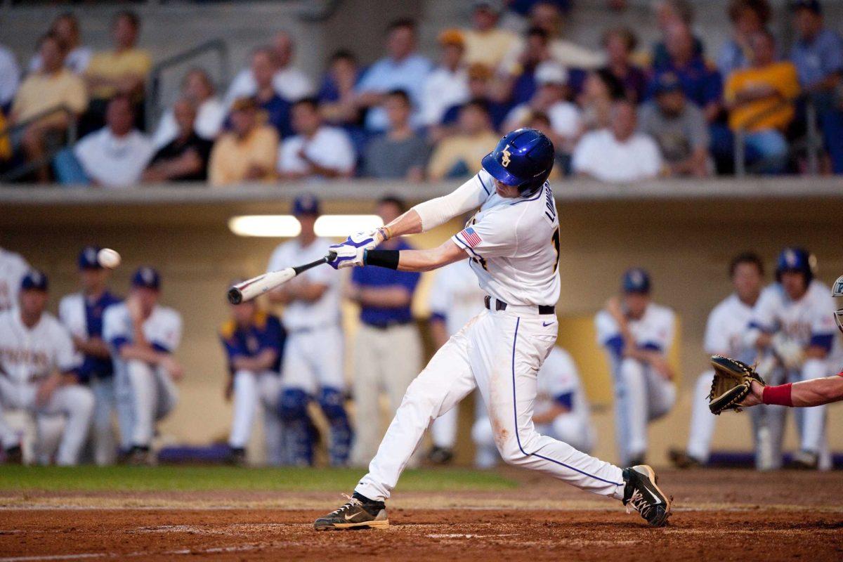 Junior first baseman Mike Lowery waves at a pitch March 22 in LSU&#8217;s 11-5 loss against ULL. Lowery, who could start Wednesday, didn&#8217;t play high school baseball.