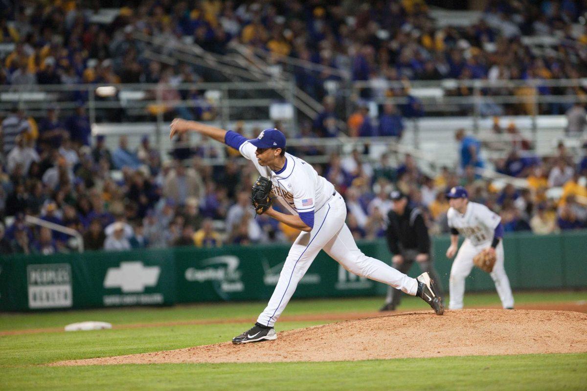 LSU junior Tyler Jones delivers a pitch against Southeastern Louisiana on Tuesday night in Alex Box Stadium. The Tigers defeated the Lions 7-3.